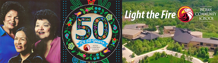 3 Founding Mothers, 50 Year graphic circular graphic flowers and aerial photo of school with "Light the Path" and ICS logo