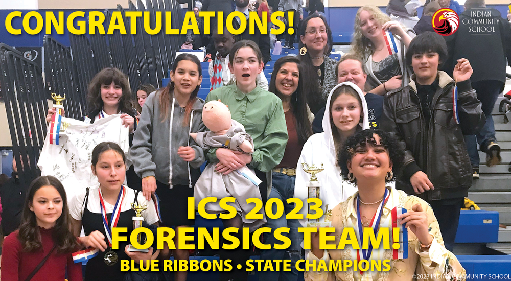 10 students state champions wearing their ribbons and holding trophies with teachers; standing on bleecher risers. Type says, "congratulations ICS 2023 Forensics Team, Blue ribbons, State champions."