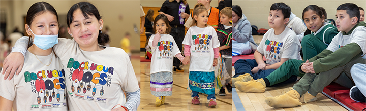 Composite image: two girls wearing Rock Your Mocs t-shirts smiling; one has a facemask, two girls wearing ribbon skirts and moccasins and 3 boys wearing moccasins